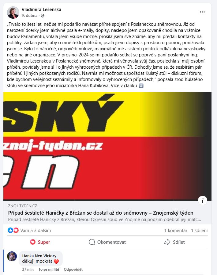 Děkuji moc Ing. Vladimíře Lesenské